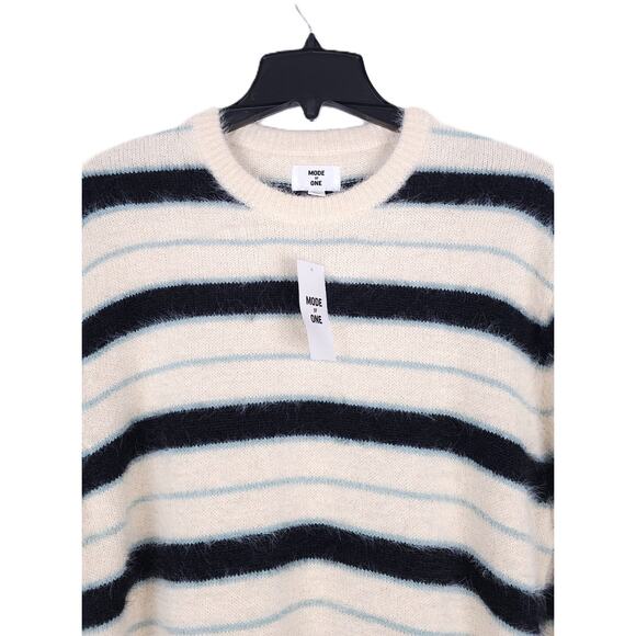 Mode Of One Men's Relaxed-Fit Eyelash Yarn Striped Sweater Dark Ecru Small NWT - Picture 3 of 5